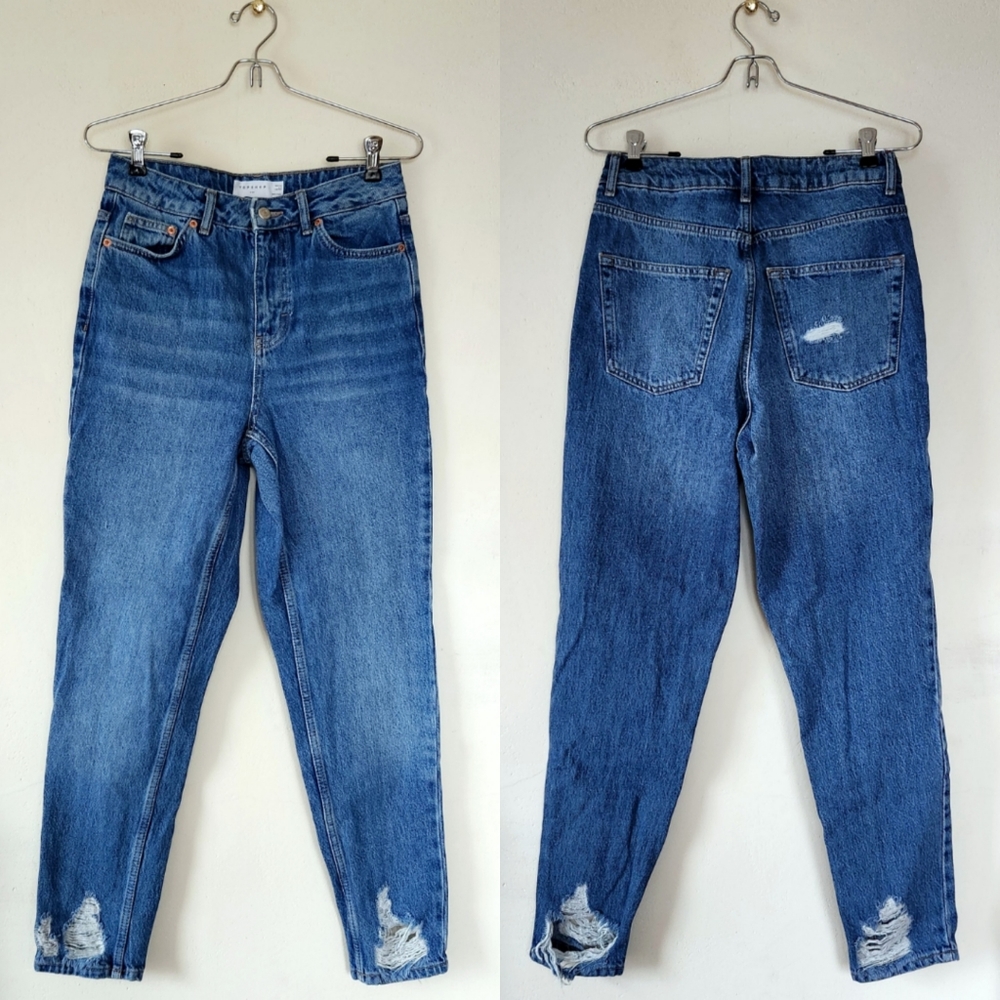 Topshop "Mom" Distressed Hem High Rise Straight Leg Blue Jeans | Women's Size 28 - Picture 5 of 14